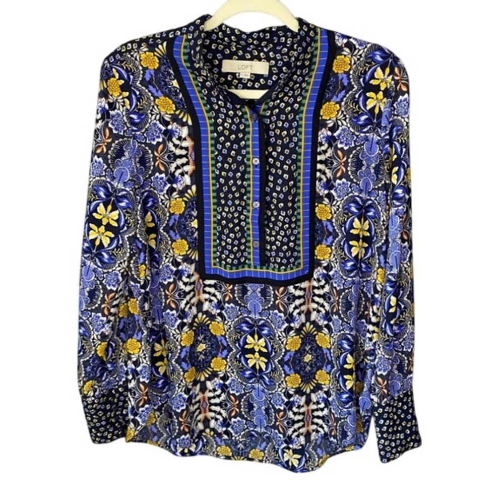 LOFT Womens Blue Yellow Mixed Floral Medallion Print Button Front Blouse Small